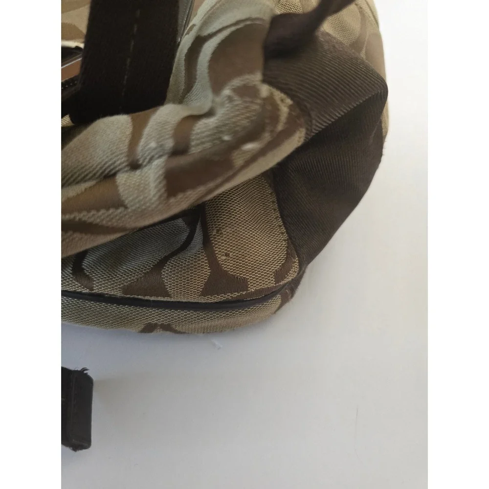 Coach Vintage Y2K Signature Jacquard Canvas Backpack Brown Tan Purple Pom Detail